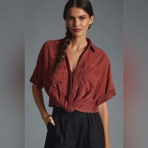 Pilcro Anthropologie Twist-Front Cropped Utility Shirt Button Front Rust Large